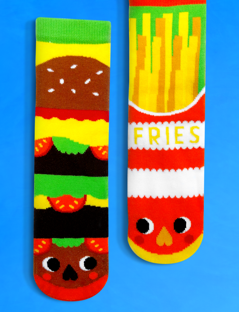Black Unisex French Fries Burgers & Soda Print Fast Food Novelty Socks